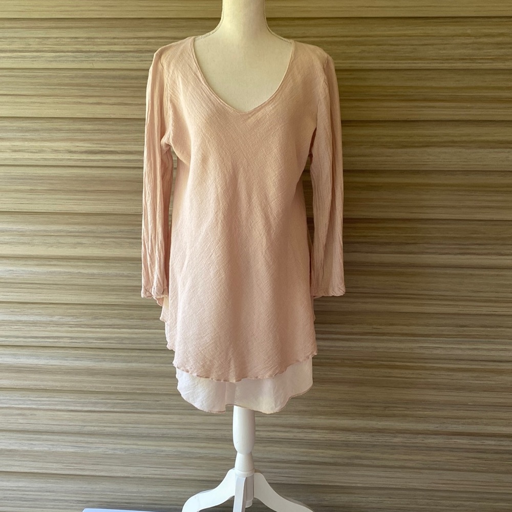 Tina Stephens Pink Scoop Neck Linen Cotton Top with long sleeves - Size L
